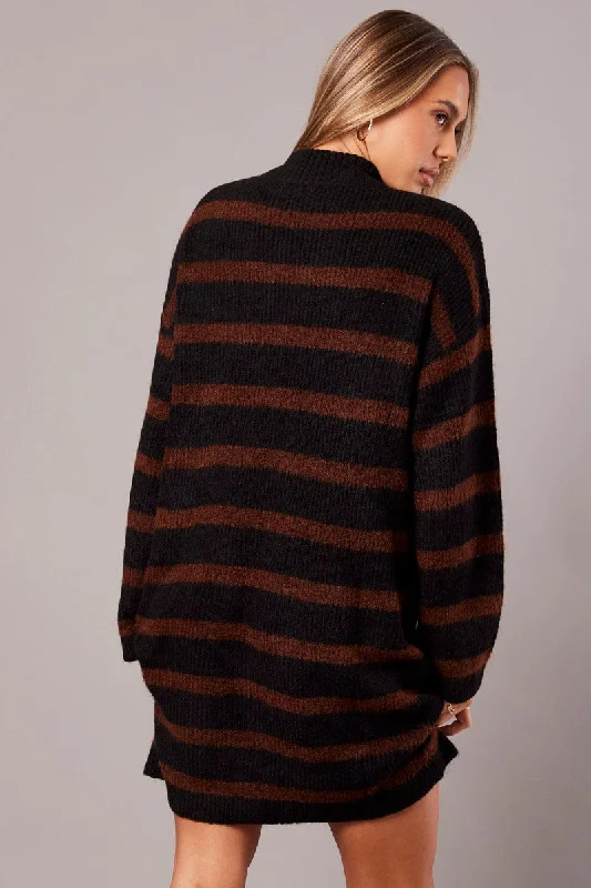 Brown Stripe Knit Jumper Dress Mini