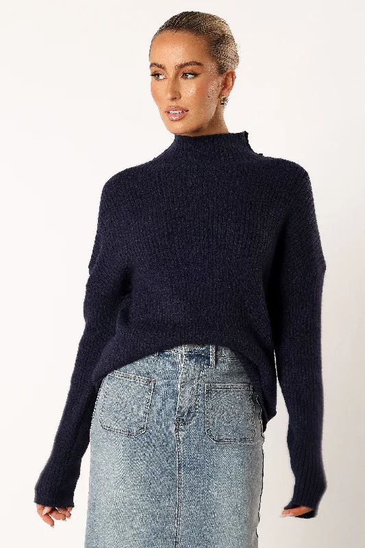 Kora Mock Neck Knit Sweater - Navy