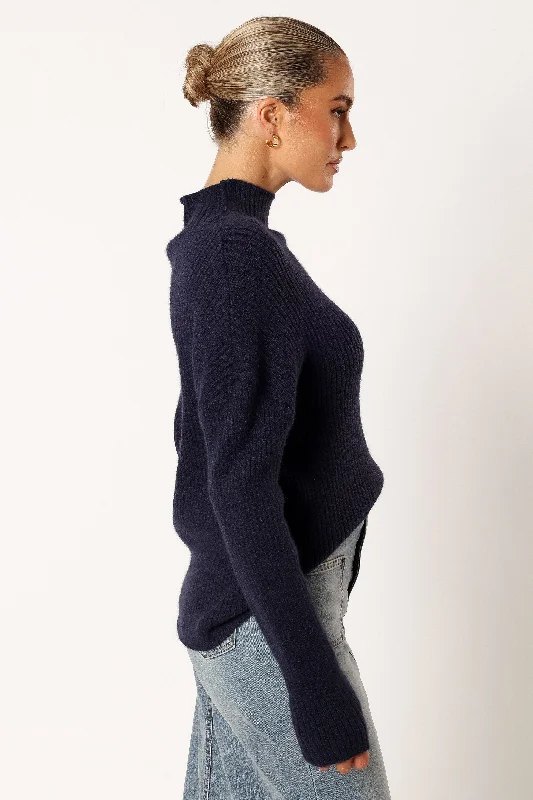 Kora Mock Neck Knit Sweater - Navy