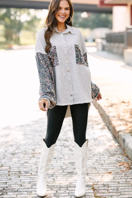 Let's Go Light Gray Sequin Sleeve Shacket