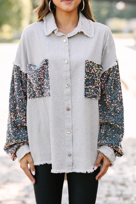 Let's Go Light Gray Sequin Sleeve Shacket