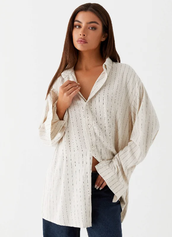 Lockie Oversized Linen Shirt - Oat Pinstripe