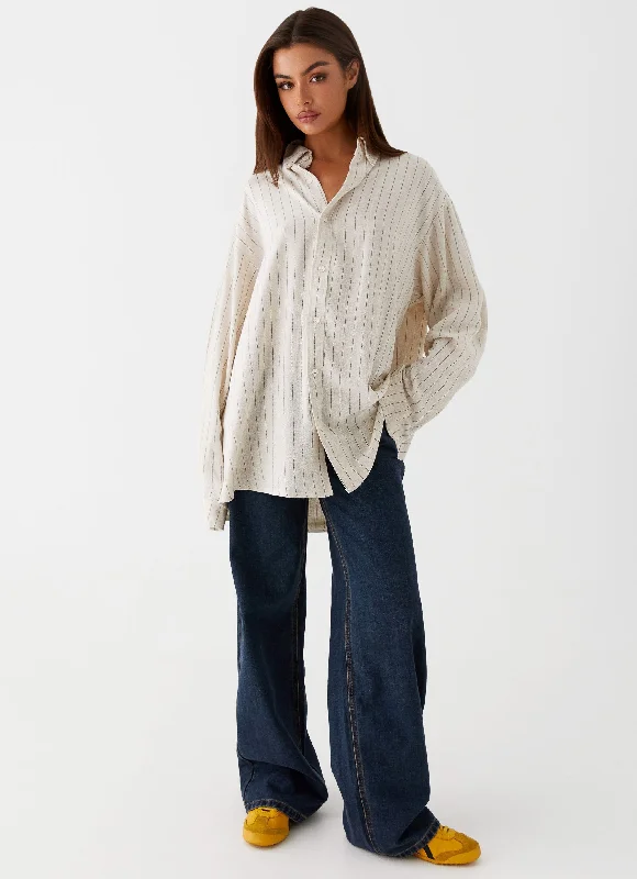 Lockie Oversized Linen Shirt - Oat Pinstripe