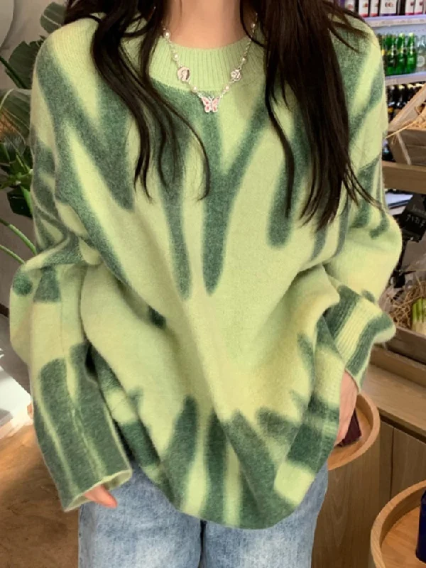 Print Knitted Sweater Women Elegant Green Striped Pullovers Sweater