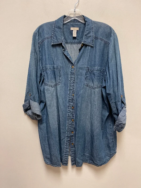 Top Long Sleeve By Chicos In Blue Denim, Size: Xl