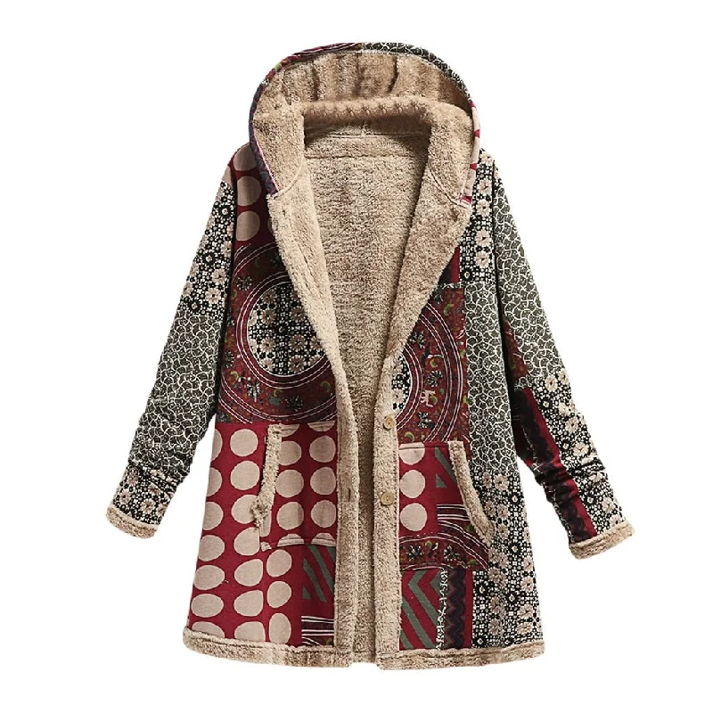 Winter Vintage Women Coat Warm Printing Thick Fleece Hooded Long Jacket