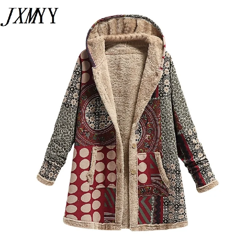 Winter Vintage Women Coat Warm Printing Thick Fleece Hooded Long Jacket