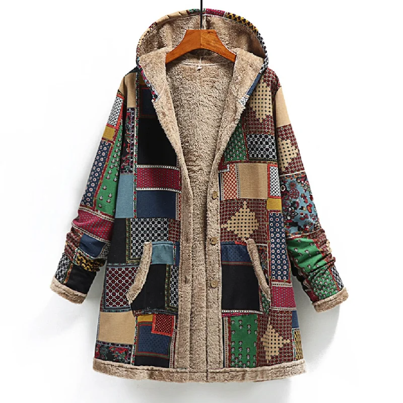 Winter Vintage Women Coat Warm Printing Thick Fleece Hooded Long Jacket