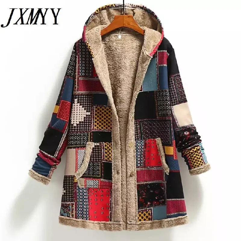 Winter Vintage Women Coat Warm Printing Thick Fleece Hooded Long Jacket