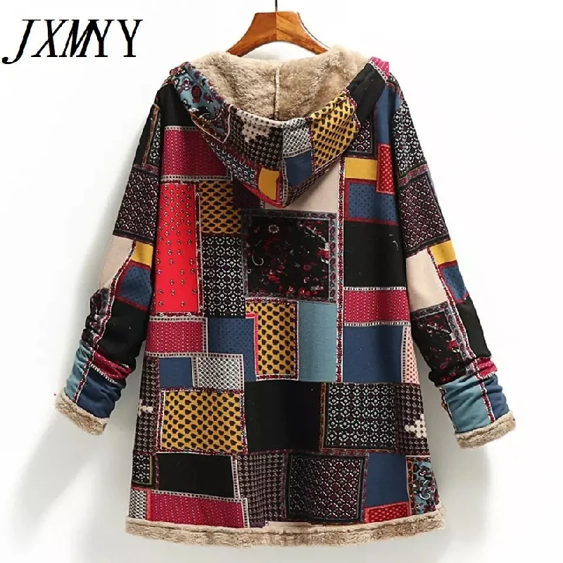 Winter Vintage Women Coat Warm Printing Thick Fleece Hooded Long Jacket