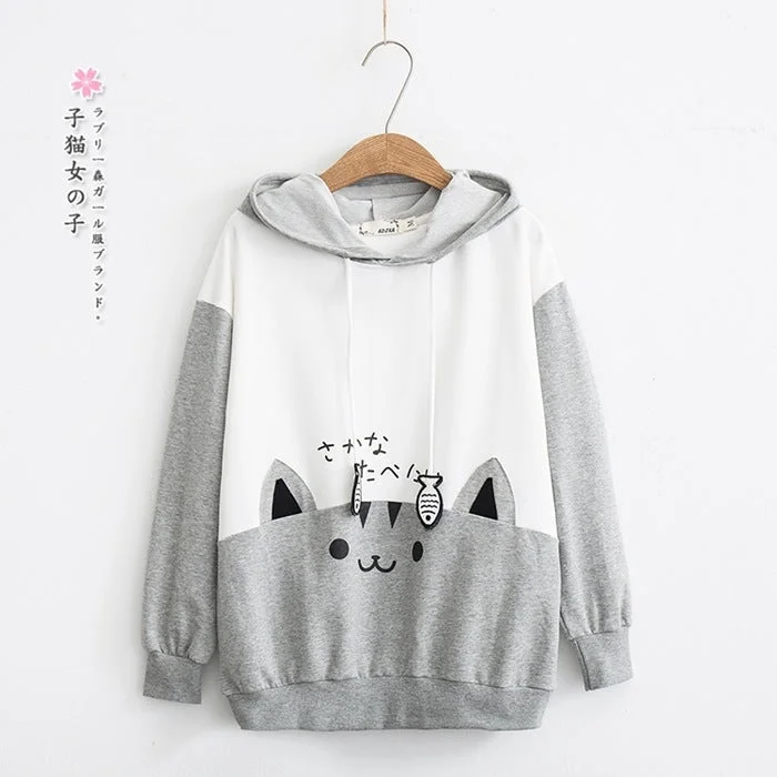 Autumn Cute Cat Stitching Hooded Casual Long Sweaters