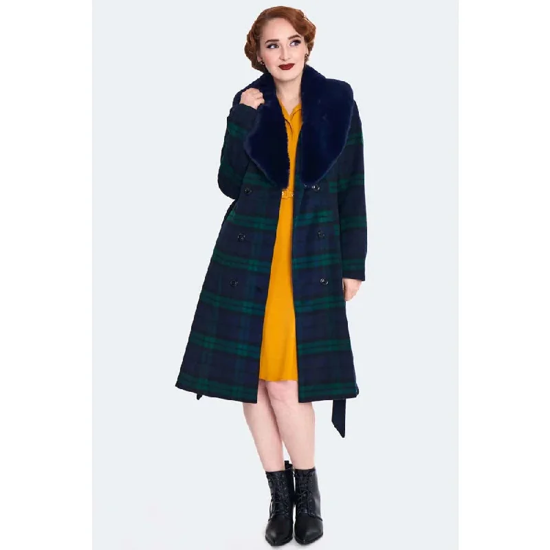 Green and Navy Tartan Faux Fur Trim Polywool Flare 50s Coat