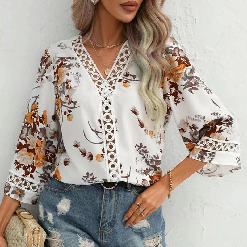 Lace Flared Sleeve Loose Printed Chiffon Blouses