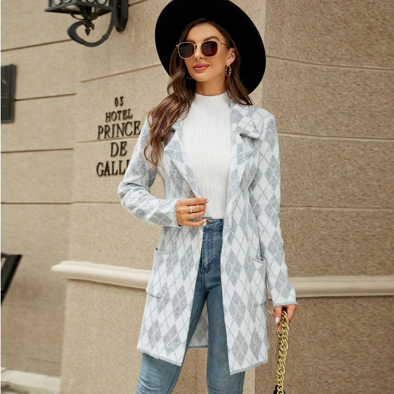 Long Color Knitted Temperament Commute Collar Coats