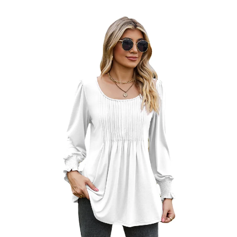 Solid Color Round Neck Drawstring Cuff Blouses