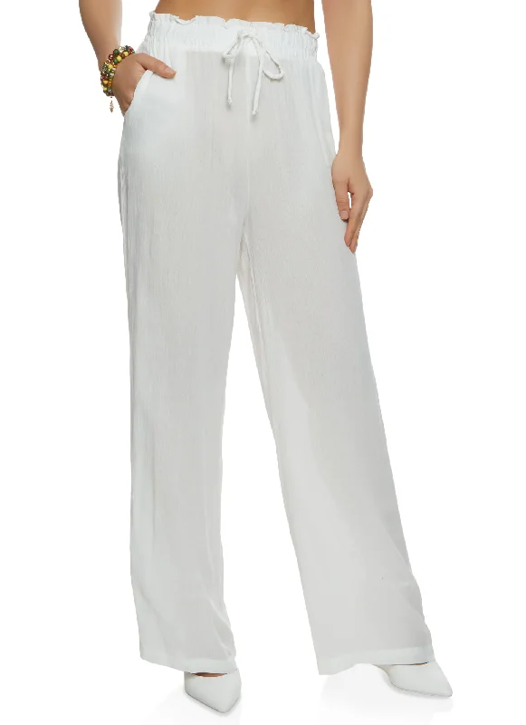 Gauze Knit Faux Drawstring Wide Leg Pants