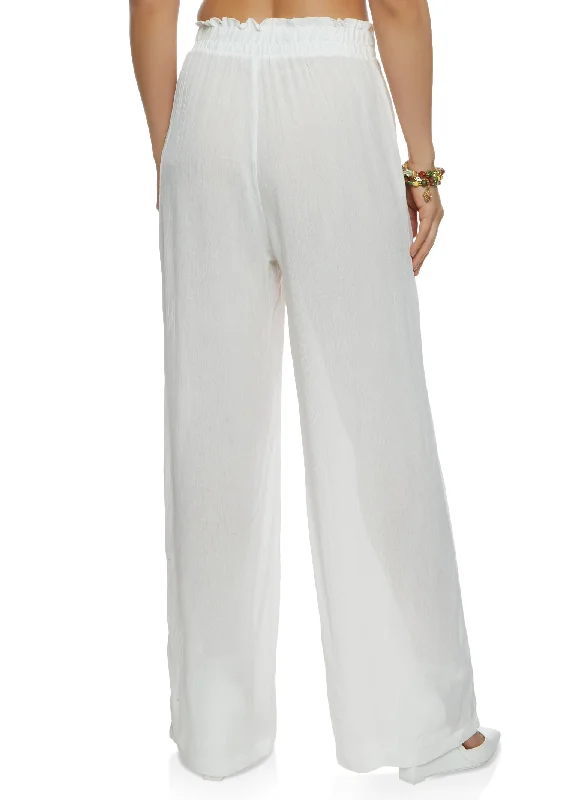 Gauze Knit Faux Drawstring Wide Leg Pants