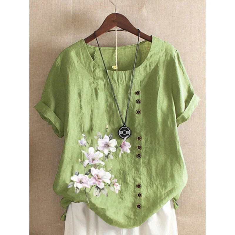 Women's Cotton And Linen Printed Loose Casual Blouses