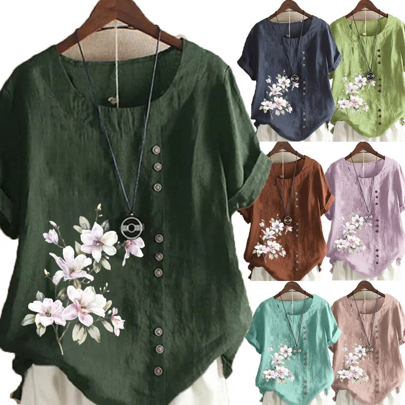 Women's Cotton And Linen Printed Loose Casual Blouses