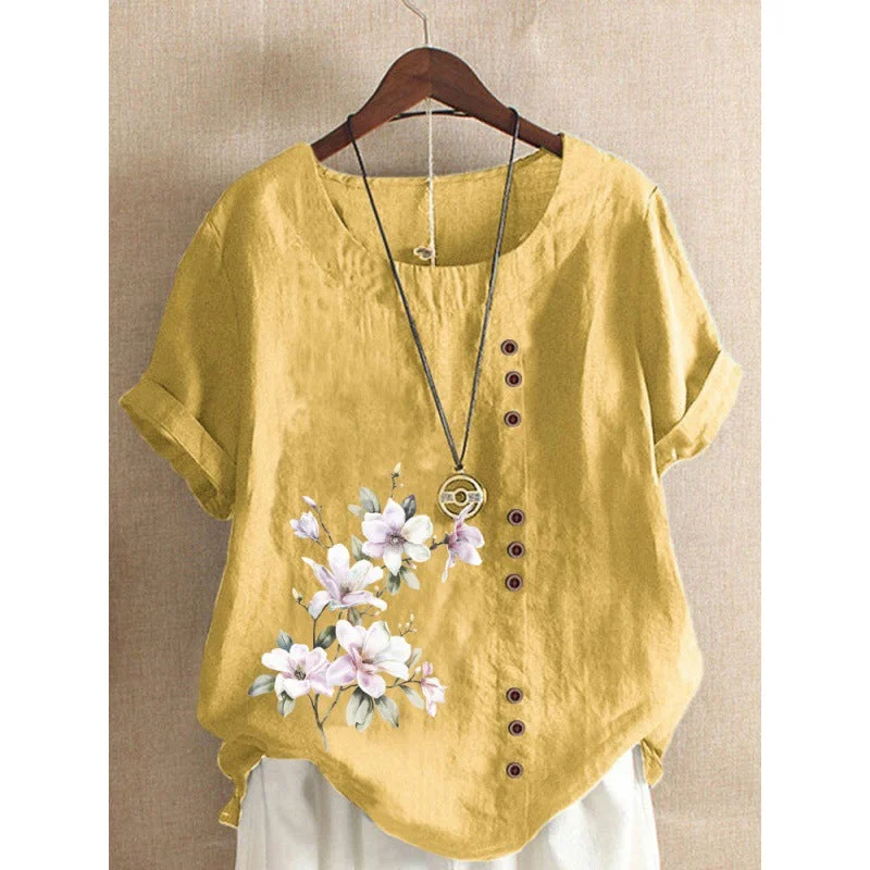 Women's Cotton And Linen Printed Loose Casual Blouses