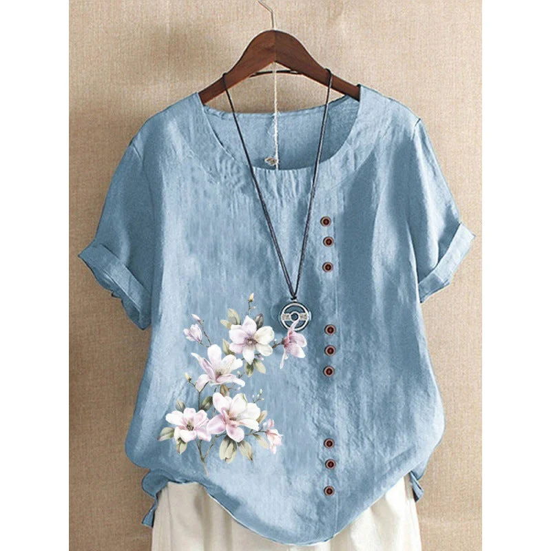 Women's Cotton And Linen Printed Loose Casual Blouses