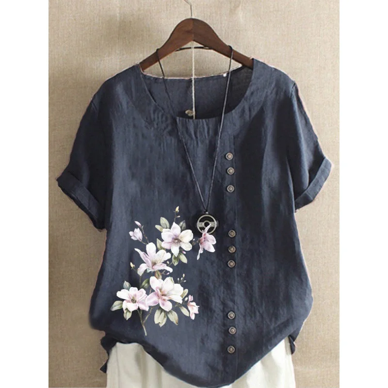 Women's Cotton And Linen Printed Loose Casual Blouses