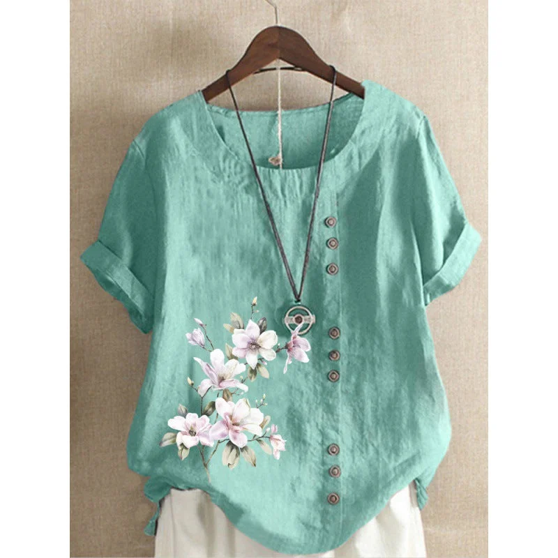 Women's Cotton And Linen Printed Loose Casual Blouses