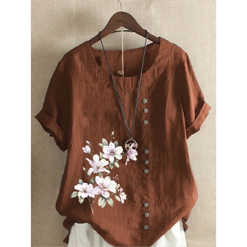 Women's Cotton And Linen Printed Loose Casual Blouses