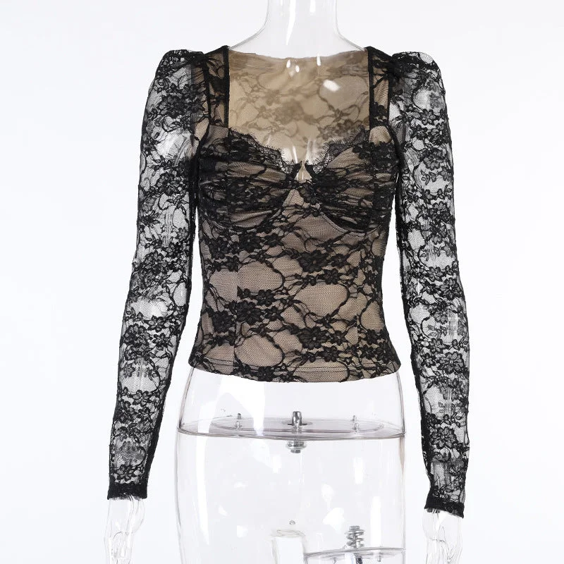 Women's Mesh Lace Long-sleeved Spring Sexy Black Blouses