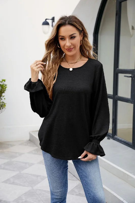 Women's Solid Color Round Neck Loose Long-sleeved Blouses