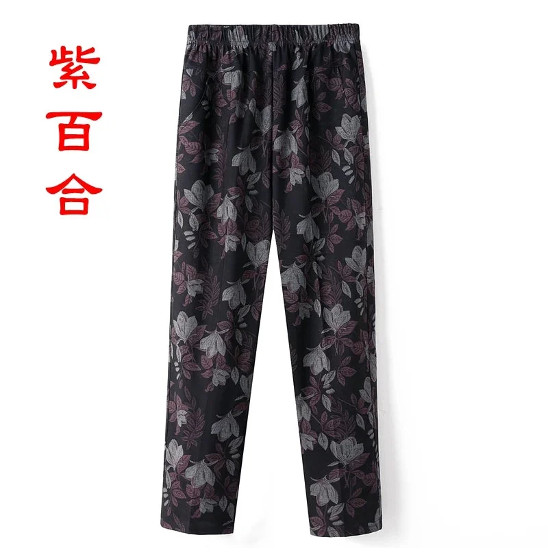 Middle-aged Women Trousers Print Elastic High Waist Casual Pants