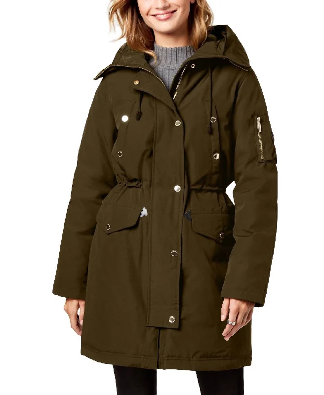 Cinch Waist Down Parka Puffer Jacket In Olive Green