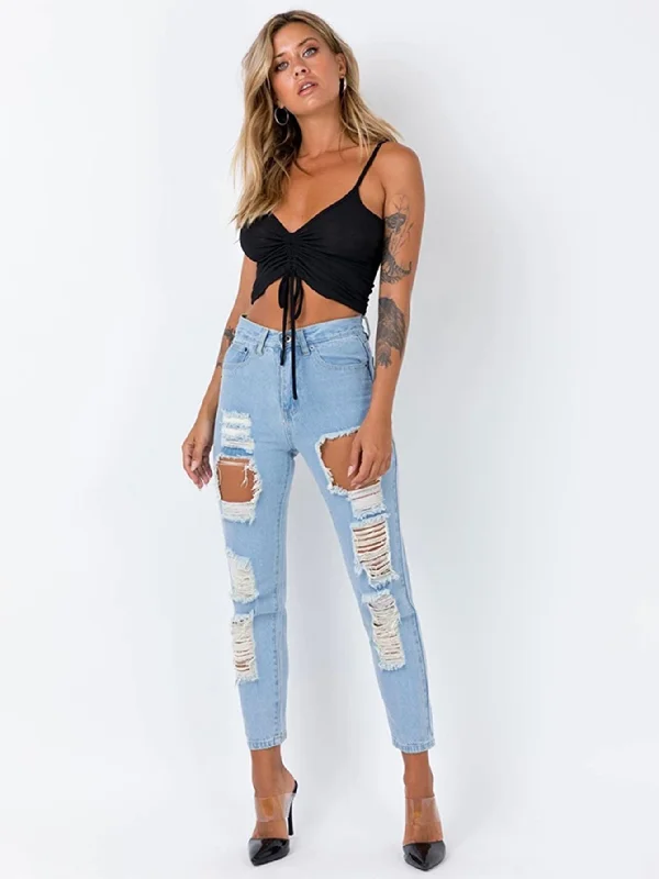 MegaBetty - High Waist Ripped Cut Out Raw Hem Jeans