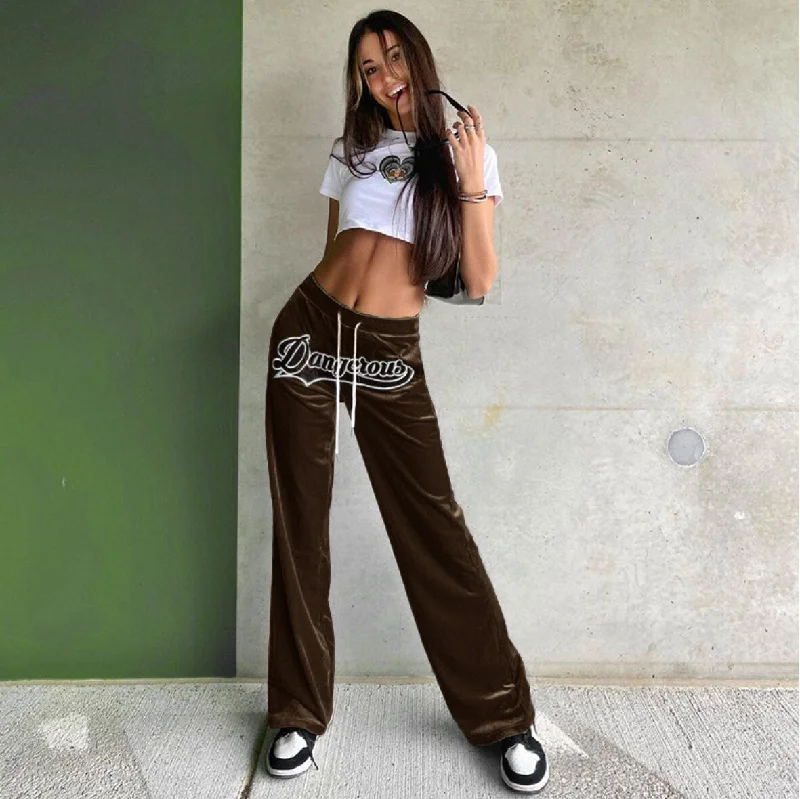 MegaBetty - Graduation Gift Letter Embroidery Straight Pants Velvet Women Drawstring High Waist Trousers Casual Baggy Wild Streetwear Sweatpants