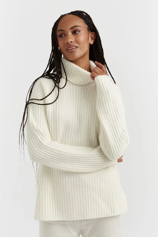 Cream Rib-Knit Cashmere Rollneck Sweater