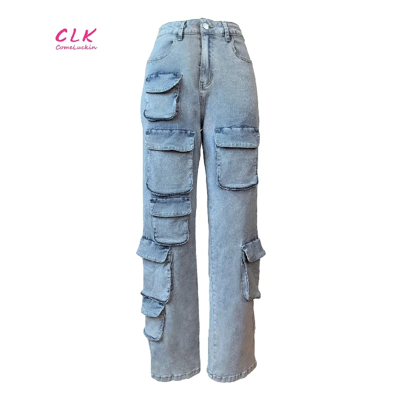 Custom Logo New Autumn Blue Casual Pocket Loose Denim Pants Women High Waisted Button Straight Jean Trousers