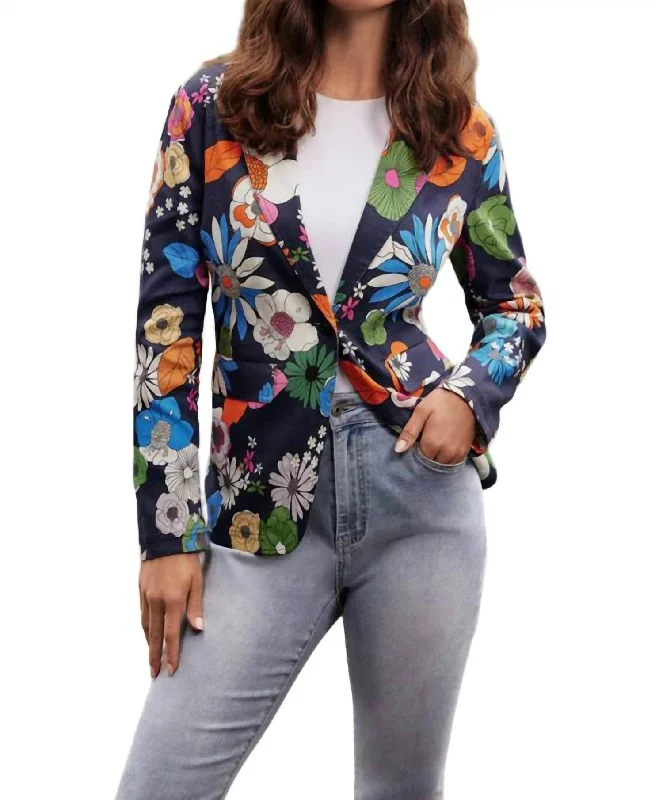 Floral Pattern Linen Blazer In Gardenia