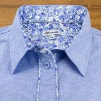 Grenouille Ladies Long Sleeve Blue Oxford Shirt with Blue and Silver Grey Floral Print Detail