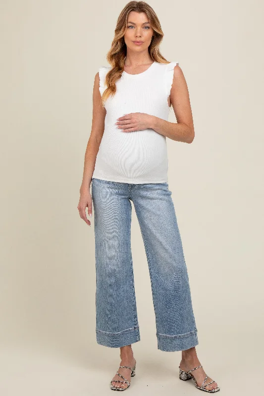 Light Blue Cuffed Wide Leg Maternity Jeans