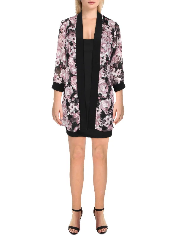 Petites Womens Chiffon Floral Duster Blazer