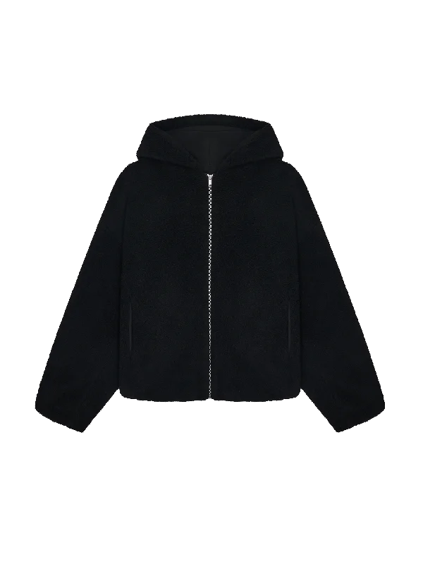 Recycled Wool Fleece Reversible Bomber Jacket—black