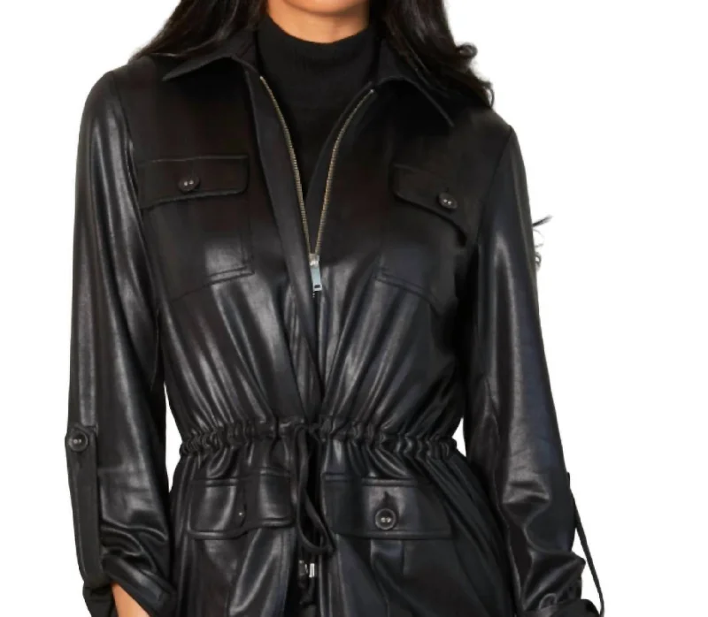 Vegan Leather Drawstring Zip Jacket In Black