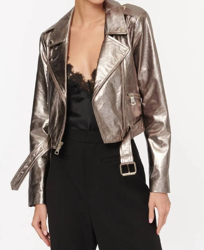 Women's Kali Genuine Leather Moto Jacket In Metallic Fog