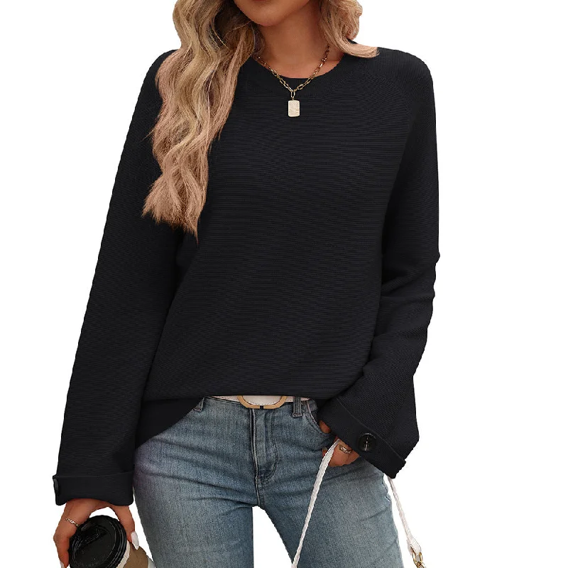 Women's Round Neck Button Cored Yarn Long Sleeve Sweater