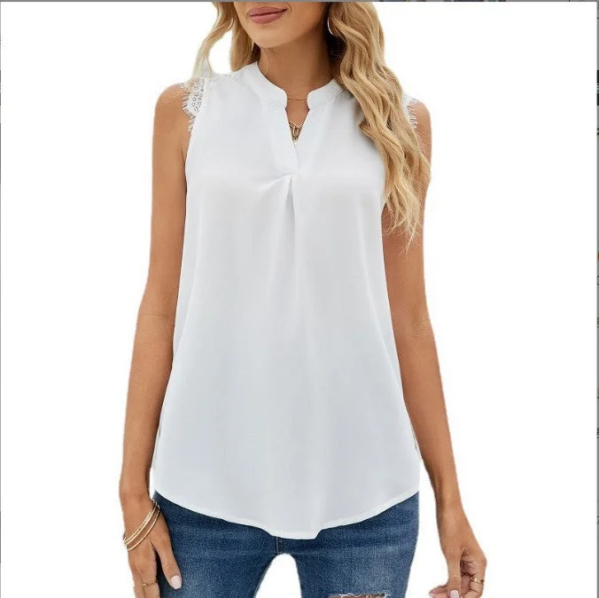 Women's Solid Color Shirt Loose Sleeveless Lace Blouses