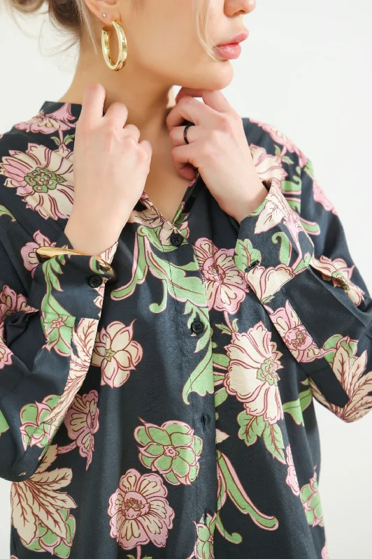 NIGHT GARDEN PRINTED BAND COLLAR SHIRT