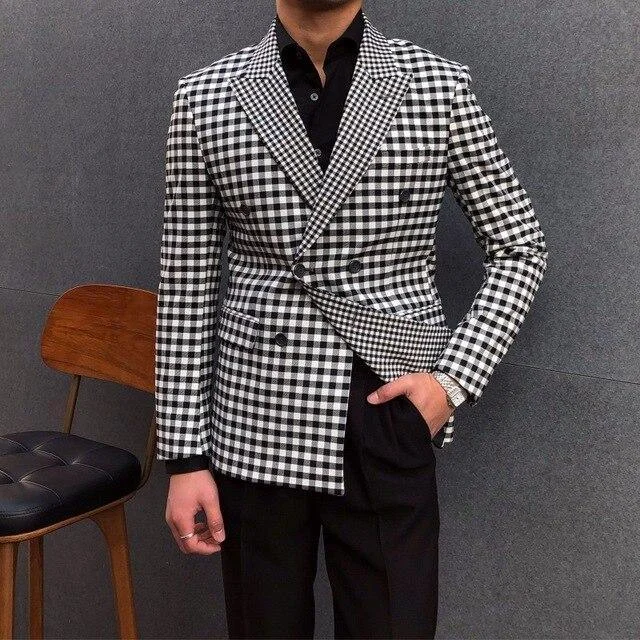 Plaid Double Breasted Blazer For Men