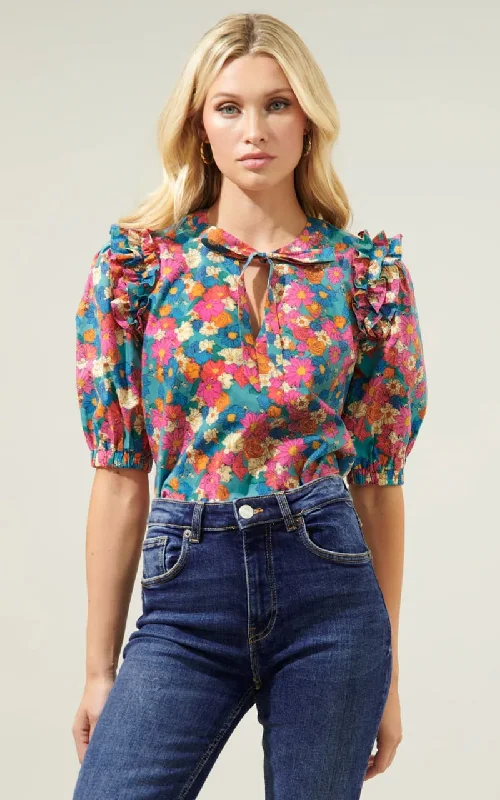 Sugarlips- Marvie Floral Noche Tie Neck Blouse