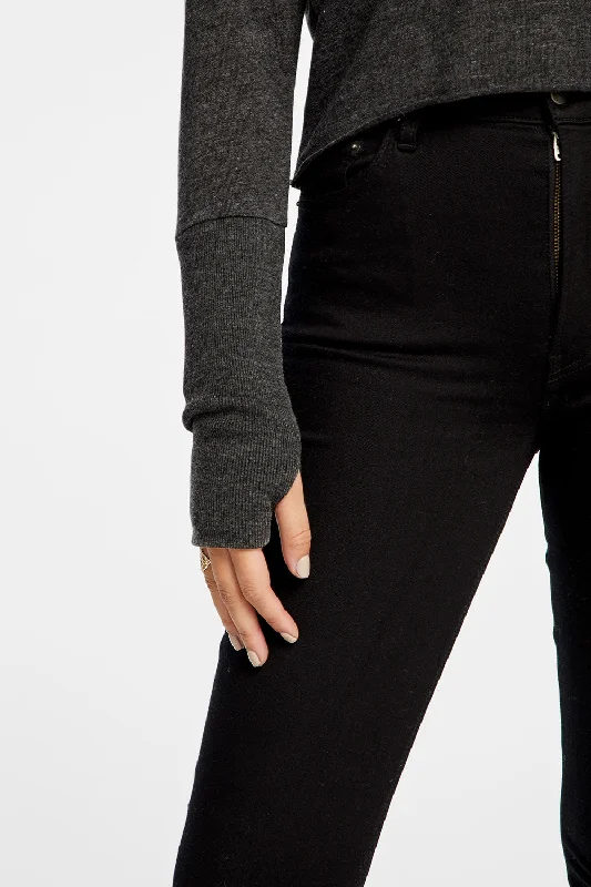 Triblend Jersey Cropped Open Neck Long Sleeve Thumbhole Tee