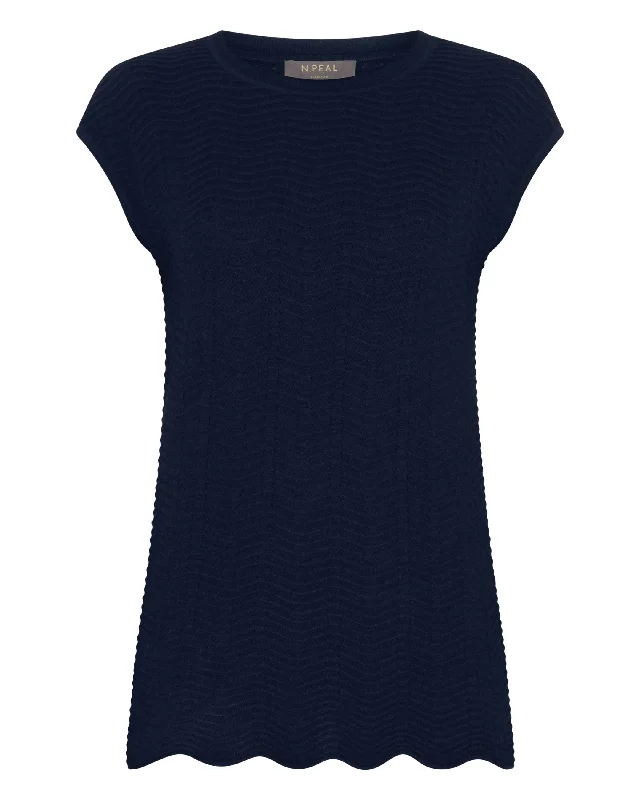 Women's Wave Stitch Cashmere Silk Top Navy Blue